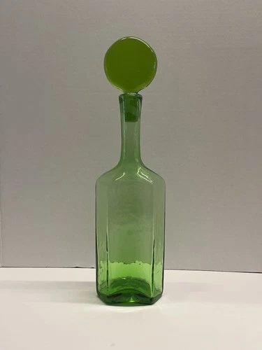 Blenko Glass Olive Green 6727 Decanter W/ Flat Lollipop Round Stopper Joel Myers