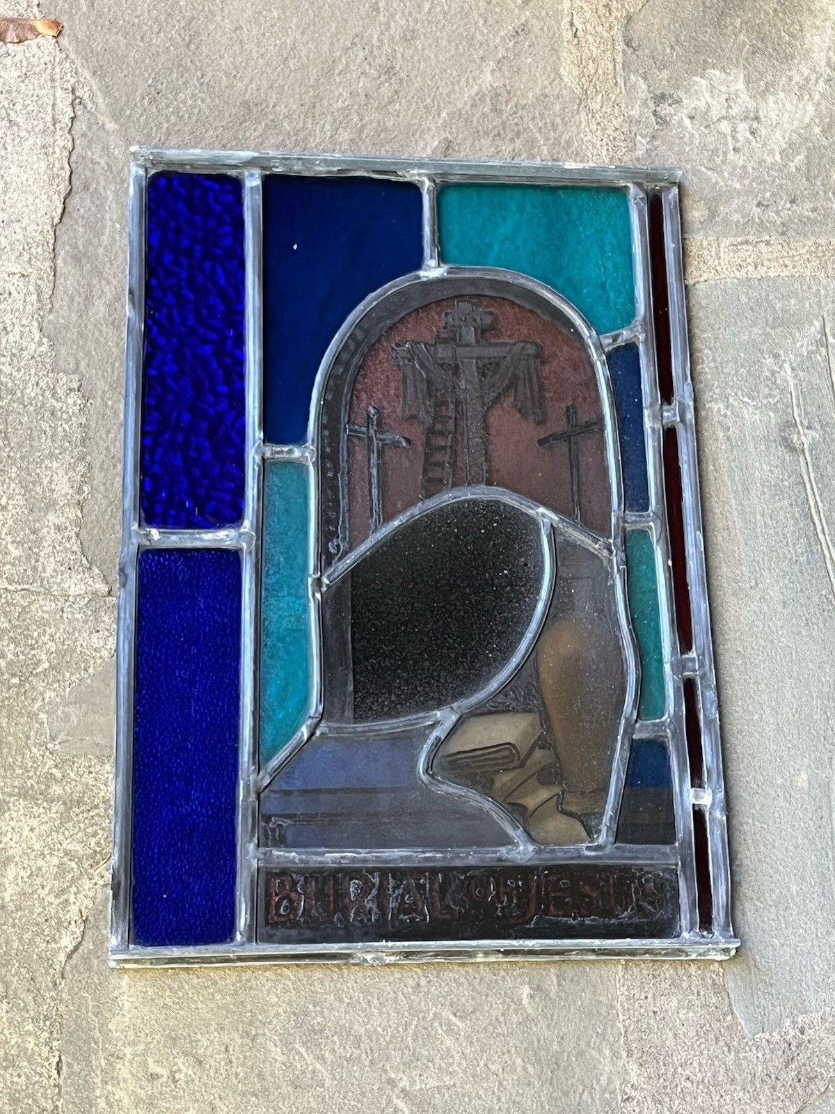 ANTIQUE CHURCH WINDOW "the BURIAL of JESUS" PAINTED FIRED GLASS early 1940s NYC