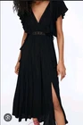 Zara Black Maxi Dress Small Black Boho Lace Flutter Front Splits Side Tie Summer