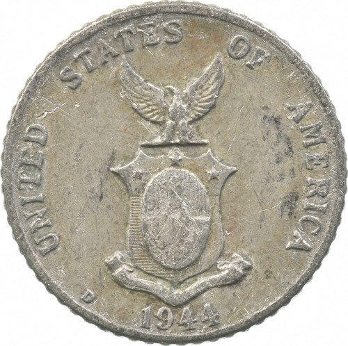 Roughly the Size of a Dime 1944 Philippines 10 Centavos World Silver Coin *664