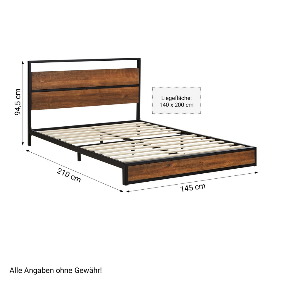 Metallbett 140x200 Lattenrost Matratze Schwarz Doppelbett Bett Holz Homestyle4u - Bild 4 von 4