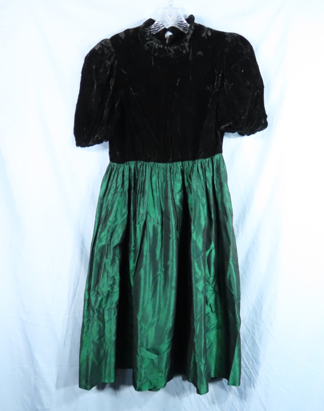 VTG Cocktail Party Dress BLACK VELVET & EMERALD GREEN TAFFETA Whimsigoth SZ M