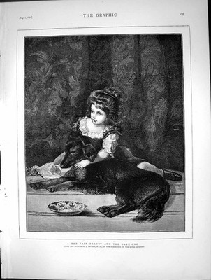 Original alter antiker Druck Fair Beauty Dark One J Bogenschütze Mädchen Scharnier Hund 1874