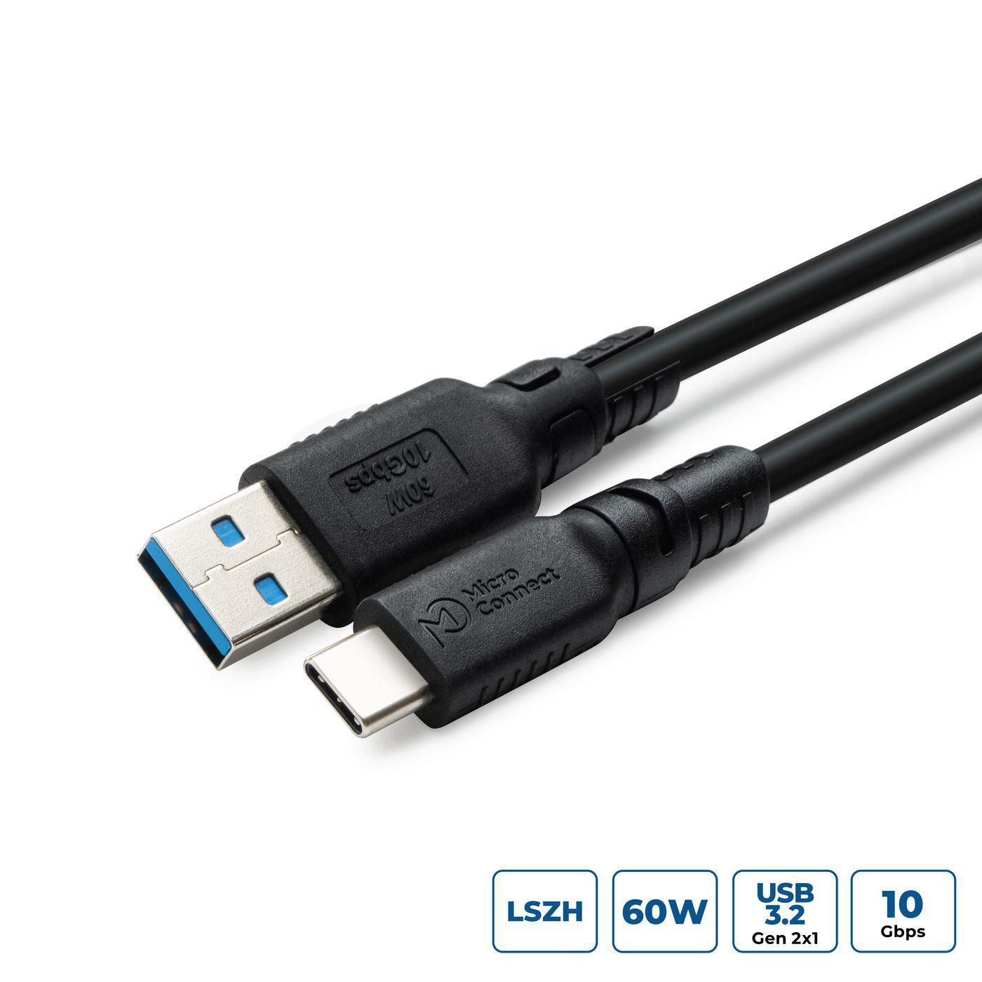 MicroConnect USB3.2AC1-LSZH USB-C to USB-A Cable 1m 60W 10Gbps LSZH