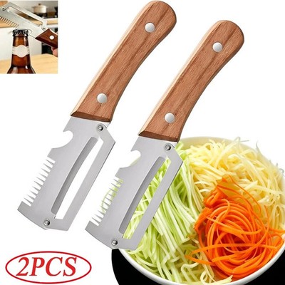 2 PCS 3-in-1 Multifunctional Vegetable Peeler with Wooden Handle,Julienne Slicer