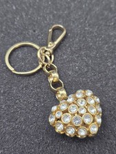 Keychain - Gold Puffed Heart Charm Pendant Rhinestone Crystal Clip