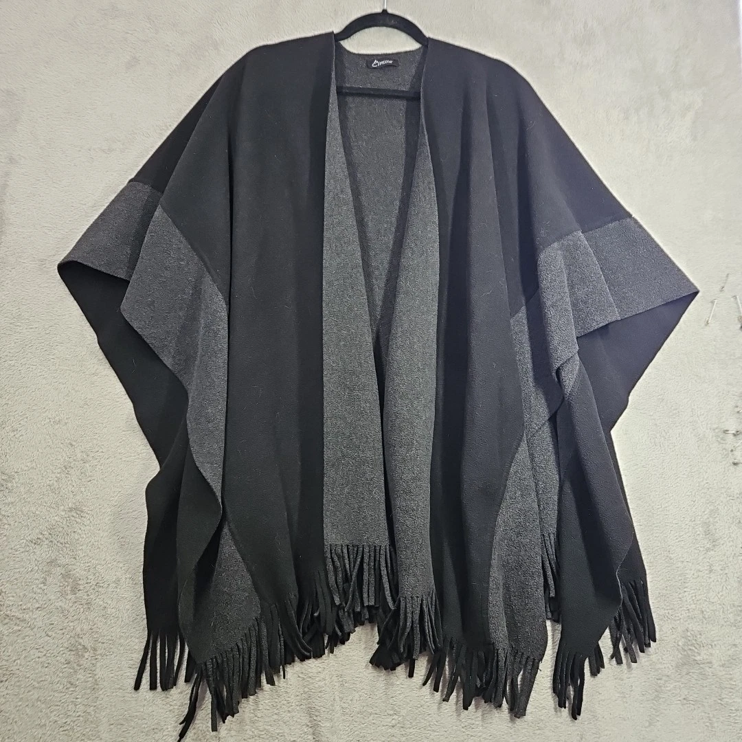 Eivissa Black Charcoal Gray Fringe Open Front Poncho Wrap Cape Reversible One Sz
