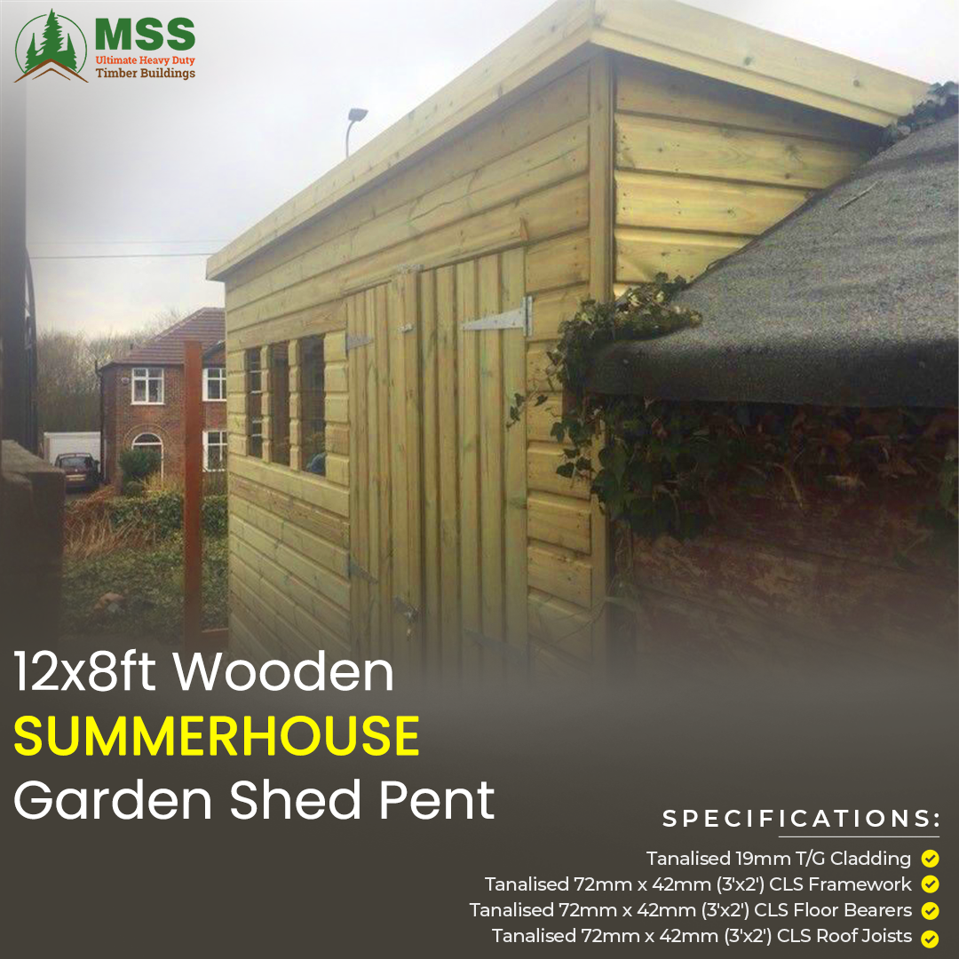 12x8' WOODEN SUMMERHOUSE GARDEN SHED PENT FULLY INSULATED T&G ROOF RED