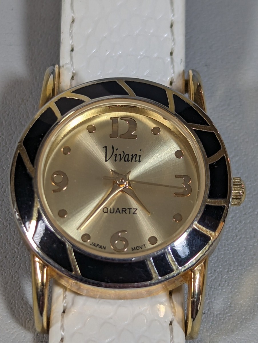 Vivani Gold Tone Dial Round Case White Faux Leather Band  display picture 1