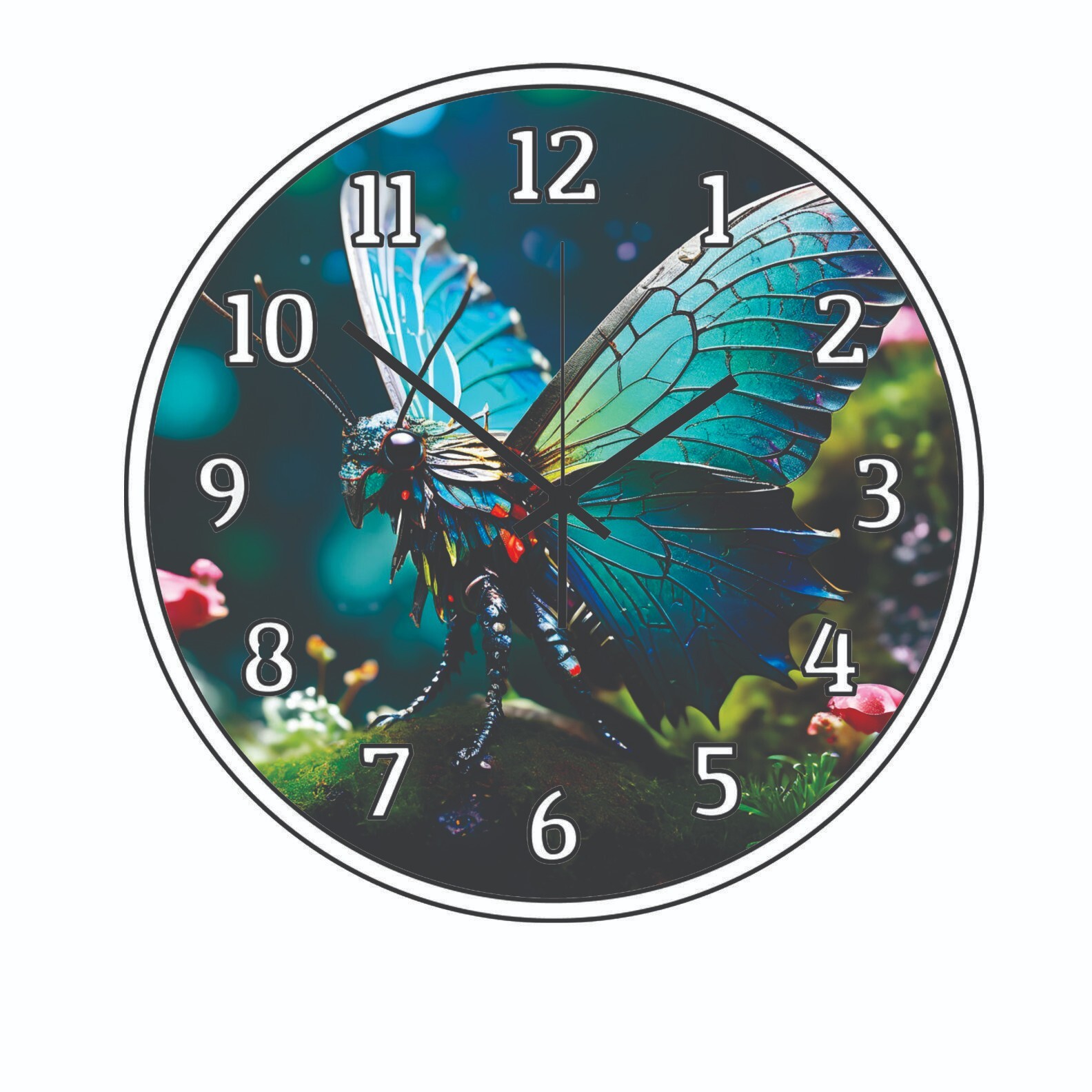 Blue Butterfly and flowers Art Wall Clock art 3 size choices