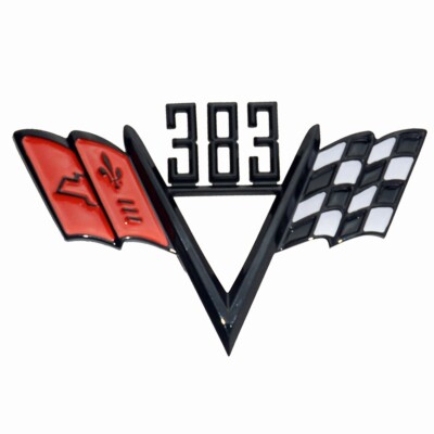 2Pc Fits 1960s Style 383 V Crossed Flag Emblem Fender Badge Black