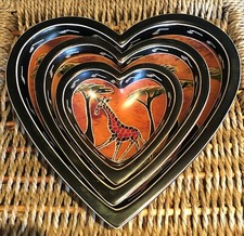 Set of 3 Hand Carved Heart Shaped Soapstone Dishes in Giraffe Design
