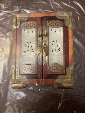 Antique Chinese Jewelry Box Wood Brass inlaid Jade Qing Dynasty 7" x 5.5" x 4"