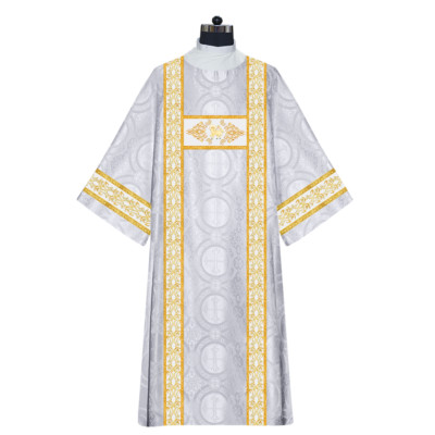 White Deacon Dalmatic Vestment with Intricate Embroidery and Spiritual Motif