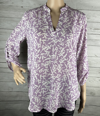 Lush Blouse Medium Pale Purple White Floral Lilac Lavender Semi-Sheer Roll Tabs