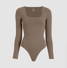 Nuuds Women's Mocha Long Sleeve Square Neck Thong Style Bodysuit Sz XXXL