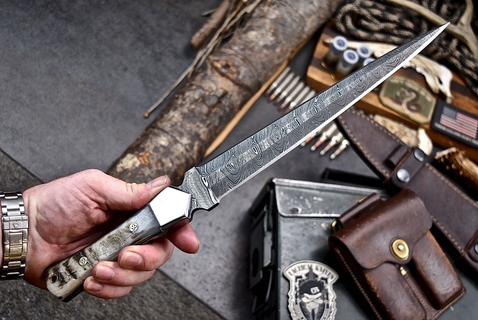 CFK Handmade Damascus Custom SHEEP HORN Toothpick Dagger Hunting Hog