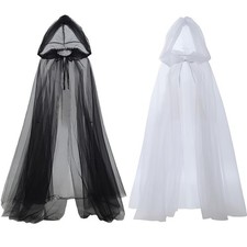 Tulle Hooded Cape Cloak for Halloween Costume, Full-Length Sheer Cosplay Women