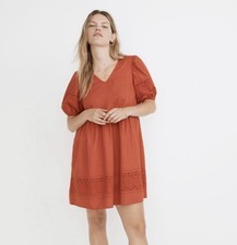 Madewell Linen Embroidered Eyelet Puff-Sleeve Mini Dress Color Fresh Chili Sz L