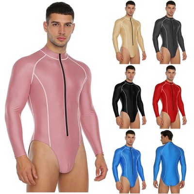DE Herren glänzender Badeanzug mit langen Ärmeln und Zipper Rashguard zum Surfen