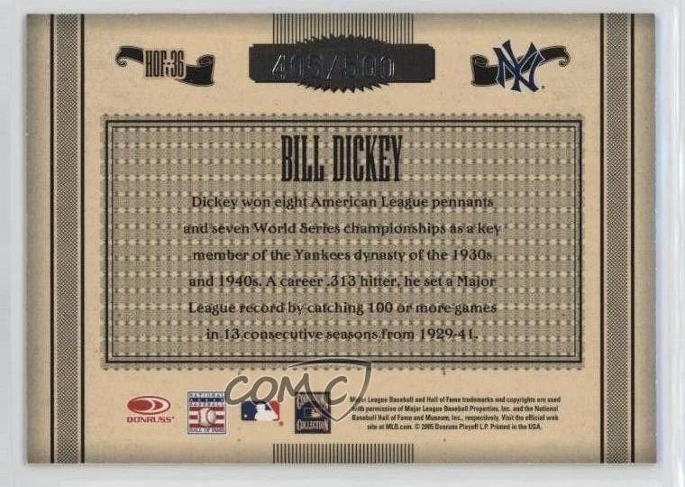 2005 Donruss Timeless Treasures Hall of Fame Silver /500 Bill Dickey #HOF-36 HOF - Image 2 of 2