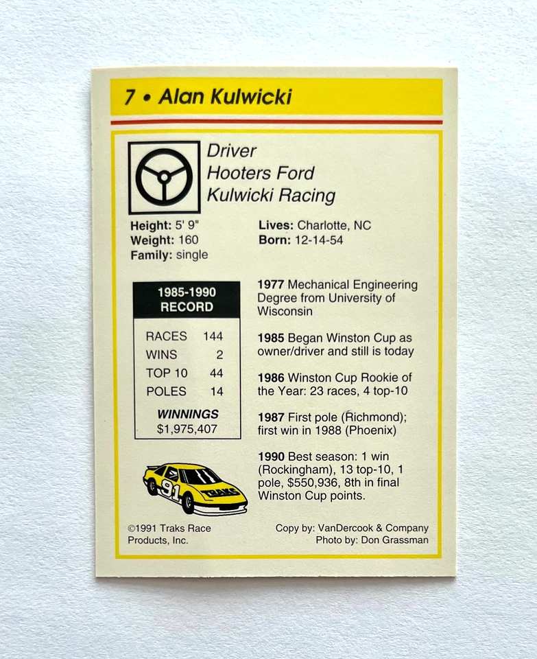 Alan Kulwicki NASCAR 1991 Traks #7 Autographed Signed - Image 4 of 4