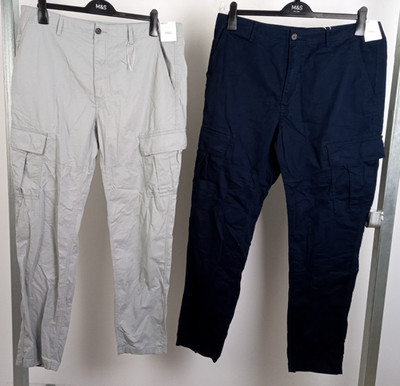 M&S Mens 2pcs Mid Rise Cargo Trousers Size 40'' Long Navy Grey Blue NEW