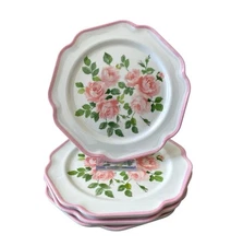 Laura Ashley Pink Rose Floral Melamine Salad Plates 8.5" Scalloped Set of 4 NEW