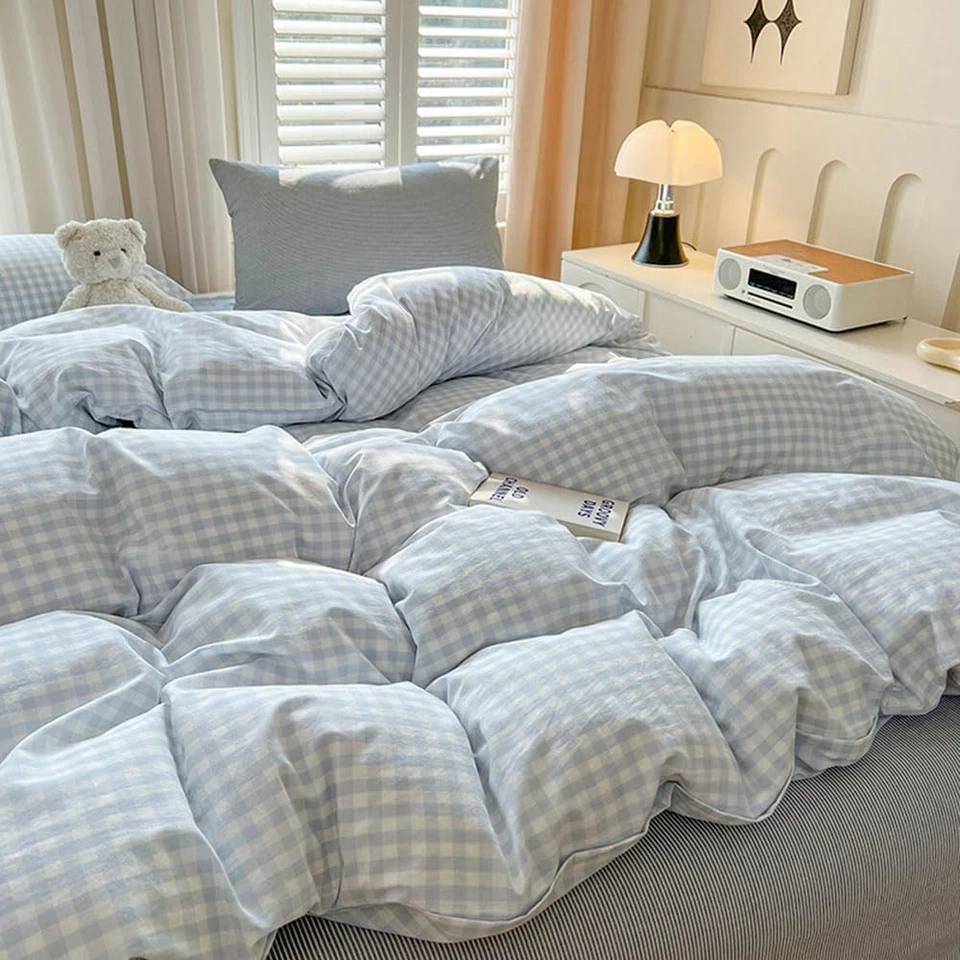 Checkered Duvet Cover Queen, Blue White Grid Pattern, Microfiber - Image 4 of 4