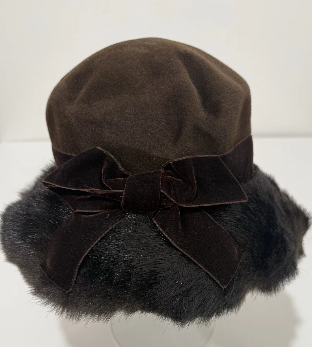 NWT VINTAGE ERIC JAVITS Wool Faux Fur Trim Hat Eric Javits Vintage Hat, Black Wool W/Faux Mink Fur Trim  main image 2