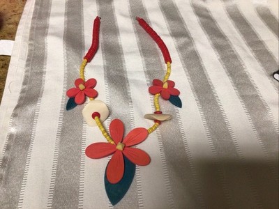 Vintage Multicolor Wood  Beaded 23  Necklace with Hawaiian Hibiscus Flowers