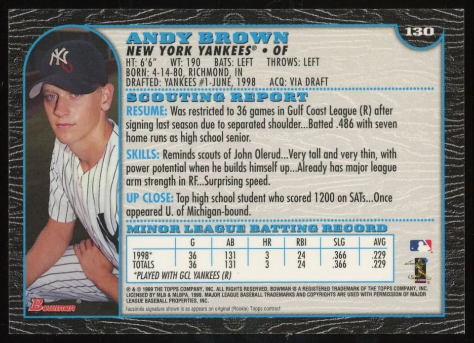 1999 Bowman Andy Brown Rookie New York Yankees #130 - Image 2 of 2