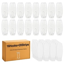 16 Large Hooks+20 Strips Clear Utility Hooks with Removable Strips Damage-Fre...