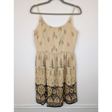 Anna Sui Anthro Dress Silk Floral Coquette Cottagecore Fairy Boho Tan Size 8