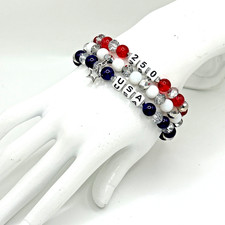 Set of 3 Red, White, Blue 7.5" Glass Beaded Stretch Bracelets USA 250 Patriotic