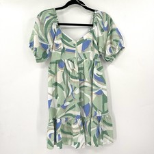 NINE WEST Babydoll Puff Sleeve Dress Green Multicolor A Line Ruffle Hem S Summer