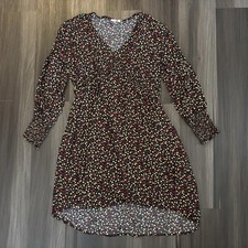 GAP Floral V-Neck Swing Dress Size Large L Black Long Sleeve
