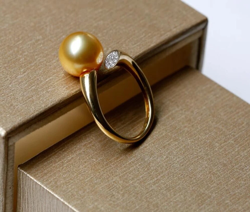 ENORME ANILLO DE PERLAS REDONDAS DORADAS 925S de diseñador AAAA+10-11 mm del Mar del Sur Foto 2 de 3