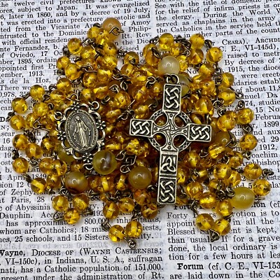 Handmade Scotland Rosary Beads 15 Decade Dominican Amber Citrine Celtic  UK