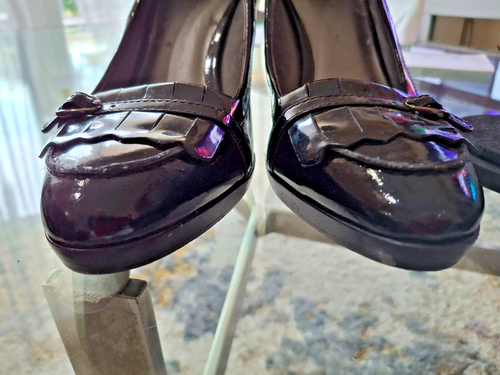 Ann Taylor Oxford Leather Black Patent Platform Heels Pumps Academia 7 M - Picture 4 of 6