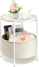 round Side Table with Fabric Storage Basket, Metal Side Table Small Bedside Nigh