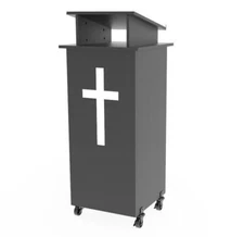 Black Wood Podium Pulpit Lectern with White Christian Cross Mobile Wheel