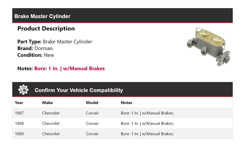 Cilindro maestro de freno 1968 para Chevrolet Corvair Dorman 1967-1969 Foto 2 de 4