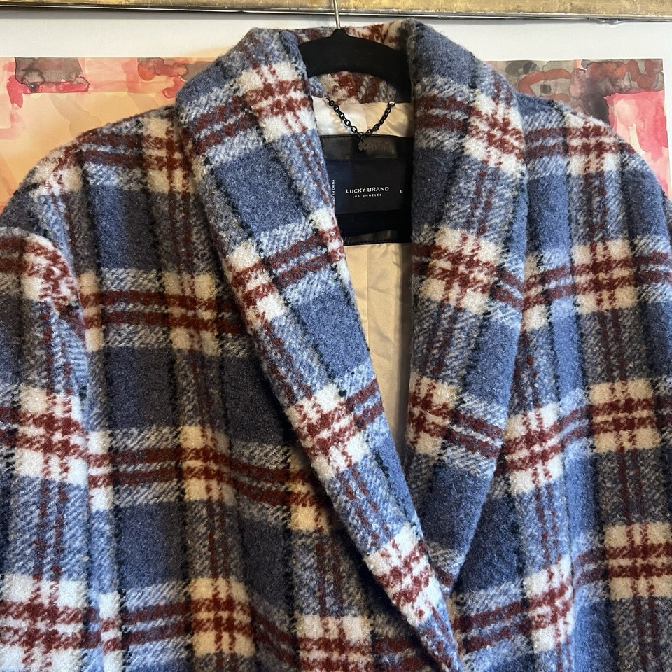 Lucky Brand Womens Medium Blue Red White Plaid Winter Coat Buttons
