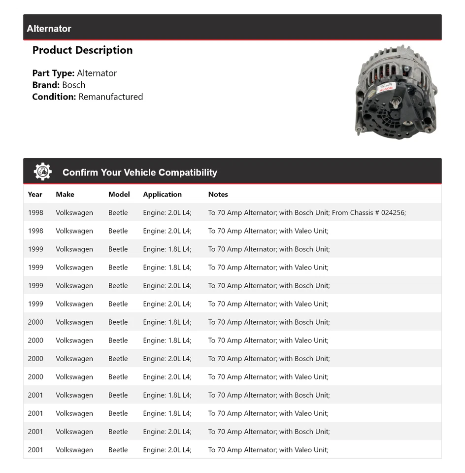 For 1998-2001 Volkswagen Beetle Bosch Alternator (Remanufactured) 1999 2000 - Image 2 of 4