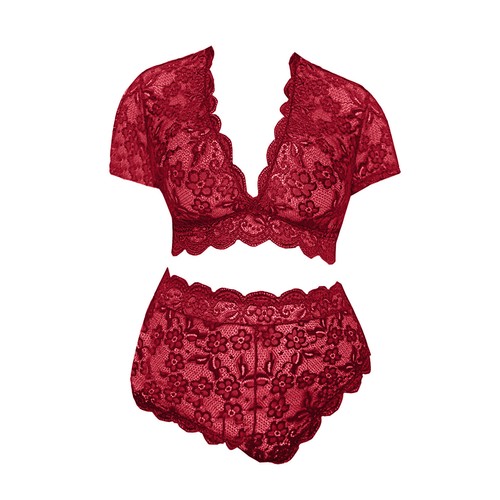 Lencería sexy talla grande cuello en V cintura alta floral encaje cruzado y pantillas - Imagen 4 de 42