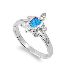 Fine Women 12mm 925 Sterling Silver Simulated Blue Opal Turtle Ring Band