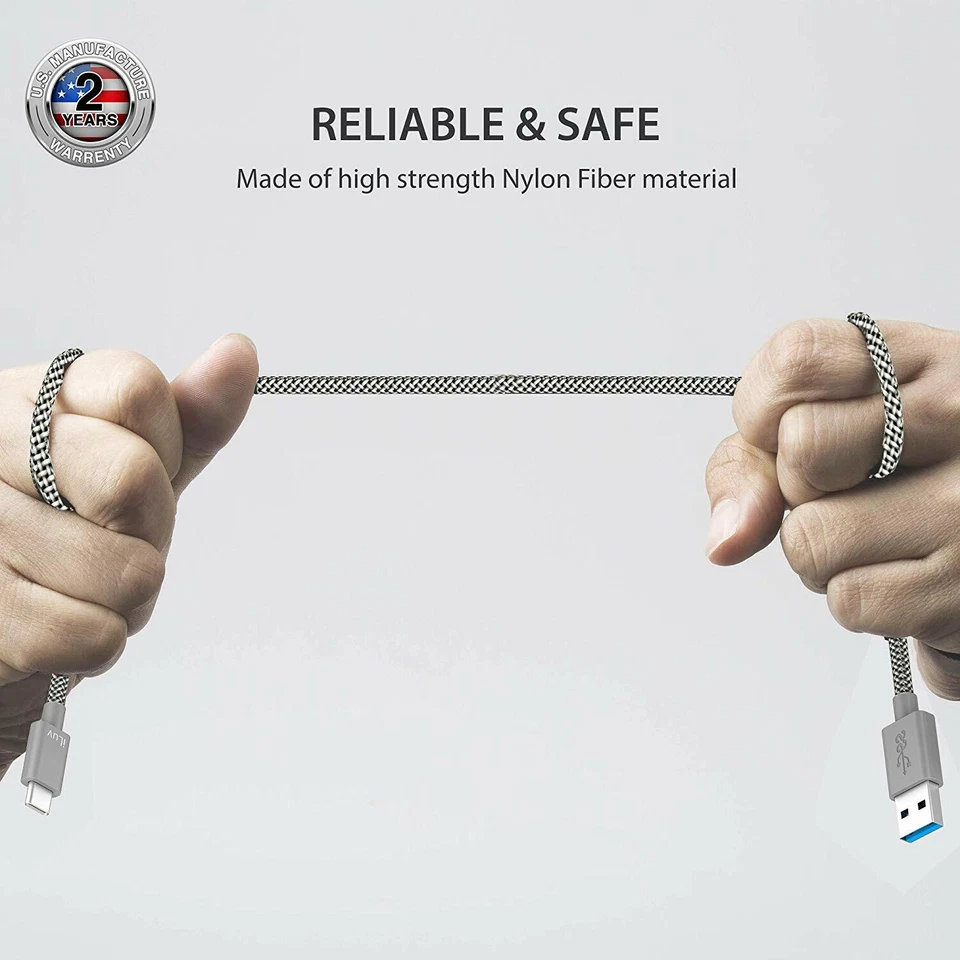 Кабель быстрой зарядки iLuv 6,6 фута тип C, высокая прочность и плетеный, серый - Изображение 4 из 4