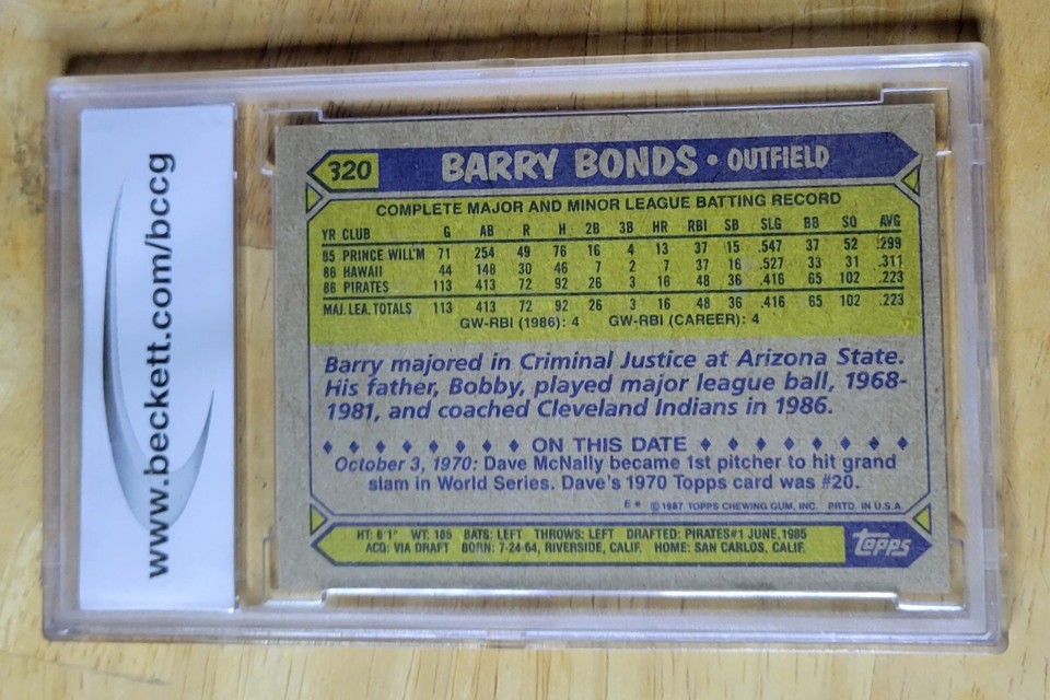 2 Barry Bonds 1987 Topps BCCG Graded 9/10 Card 320 0195/1987 Bat Chip