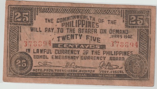 WWII Japanese Occupation Guerrilla 1942 25 Centavos Japan US War Collection Note